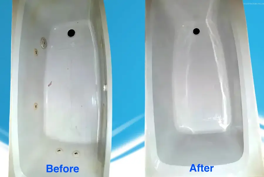 Jetted tub with grime and wear converted to non-jetted tub with sparkling white finish